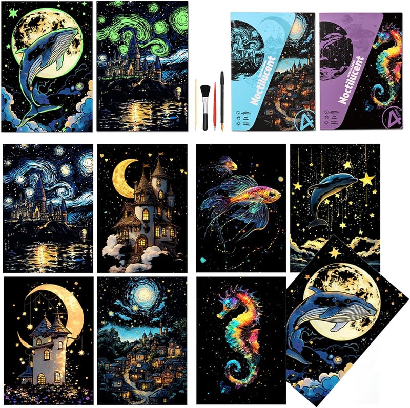 BulChign Scratchboard Art for Adult Luminous Scratch Painting Kits, A5 Scratch Art Rainbow Painting Paper 8 Sheet with 4 Tools, Scratchboard for Teens & Adults, Fun Creative Craft Toy/Gifts/Decor, Dreams - Image 1